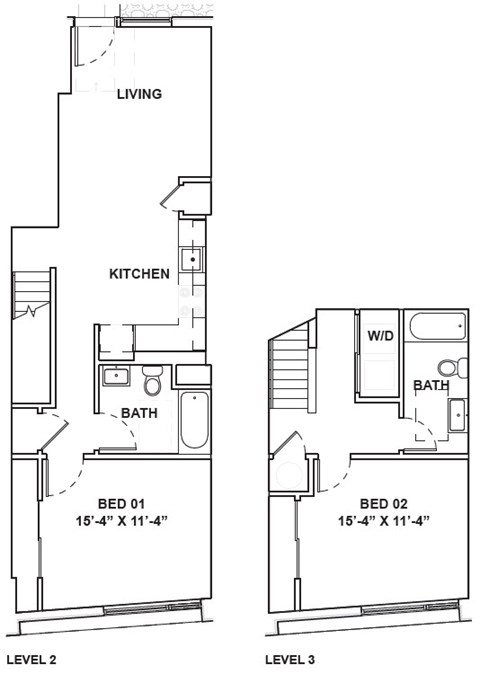 A floor plan shows two bedrooms, a living area, a kitchen, and bathrooms on the first and second levels.